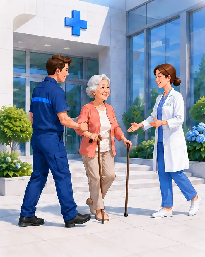 Illustration : un chauffeur accompagne une passagère vers l'entrée d'un établissement de santé
