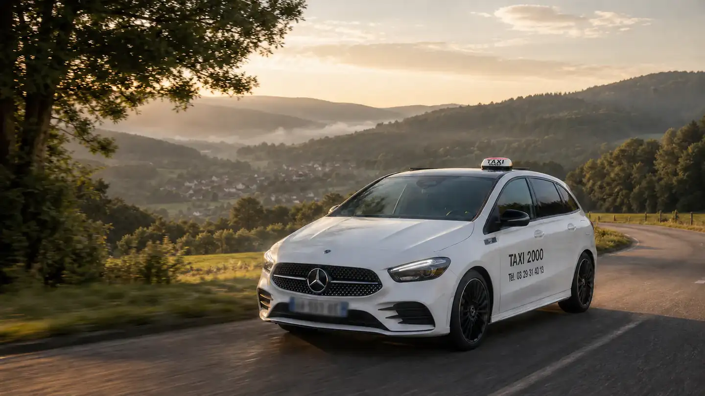 Véhicule Taxi 2000 sur une route des Vosges au lever du jour
