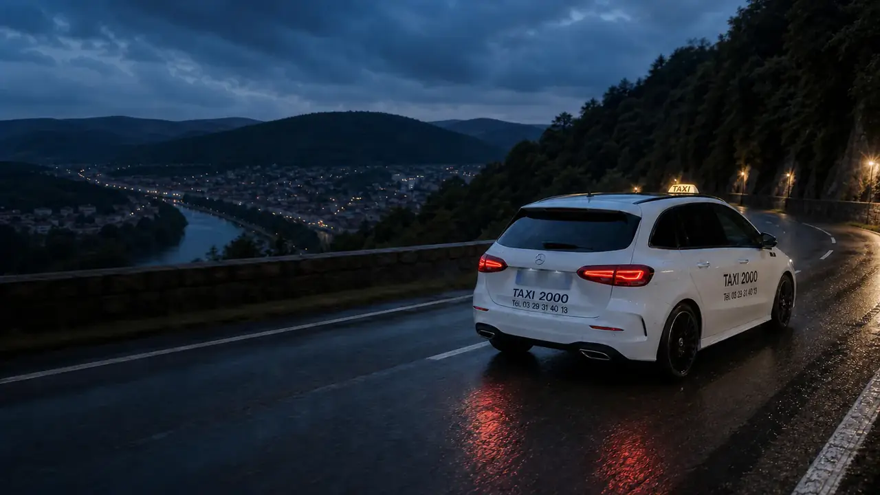 Véhicule Taxi 2000 sur une route des Vosges à la tombée de la nuit